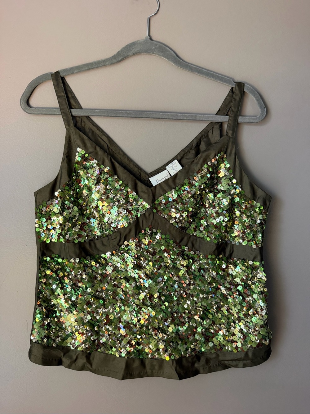 Vintage Green Sequin V-Neck Cami 100%silk new with tags Y2K